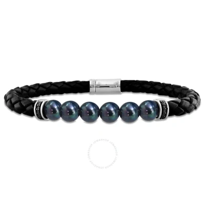 Amour 7.5-8mm Men's Black Cultured Freshwater Pearl Braided Black Leather Bracelet With Diamond Acce