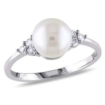 Pre-owned Amour 7.5 - 8 Mm White Cultured Freshwater Pearl And 1/8 Ct Tw Diamond Ring In