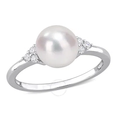 Amour 7.5-8mm Freshwater Cultured Pearl And 1/10 Ct Tgw White Cubic Zirconia Ring In Sterling Silver In Metallic