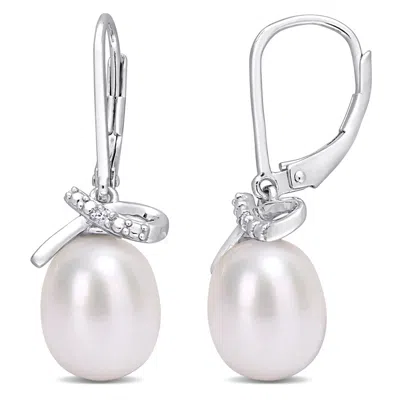 Amour 7.5-8mm Freshwater Cultured Pearl And Diamond Accent Leverback Earrings In Sterling Silver In White
