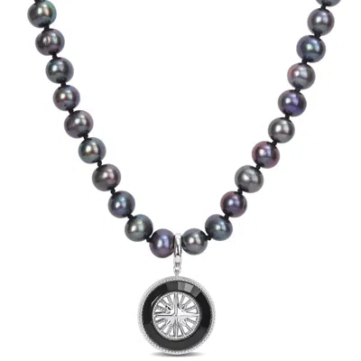 Amour 7-7.5mm Black Cultured Freshwater Pearl And 8 Ct Tgw Black Agate Men's Necklace With Large Lob