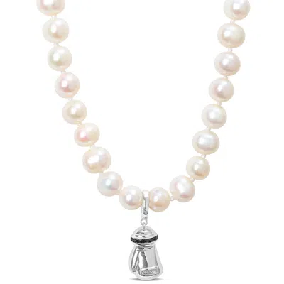 Amour 7-7.5mm Cultured Freshwater Pearl And Black Diamond Accent Necklace With Large Lobster Clasp I In White