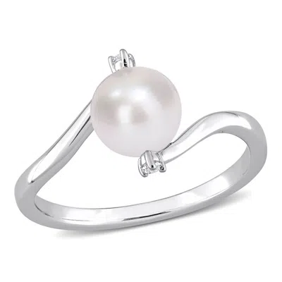 Amour 7-7.5mm Freshwater Cultured Pearl And Created White Sapphire Bypass Ring In Sterling Silver In ["white"]