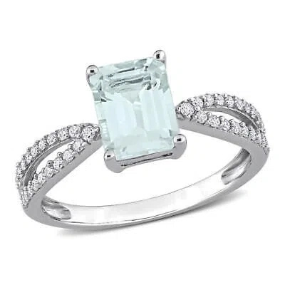 Pre-owned Amour 7/8 Ct Tgw Octagon Aquamarine And 1/5 Ct Tdw Diamond Crossover Ring In 14k In White