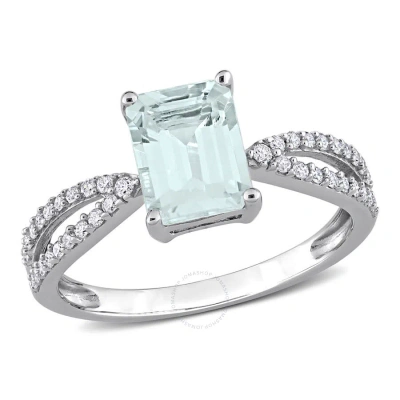 Amour 7/8 Ct Tgw Octagon Aquamarine And 1/5 Ct Tdw Diamond Crossover Ring In 14k White Gold