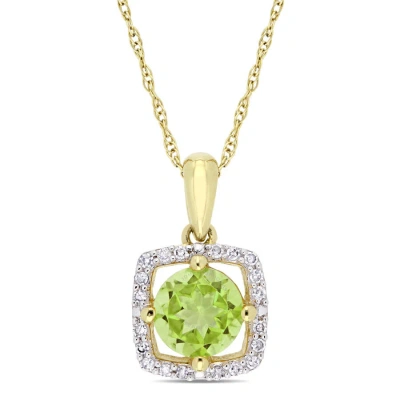 Amour 7/8 Ct Tgw Peridot And 1/10 Ct Tw Diamond Square Halo Pendant With Chain In 10k Yellow Gold