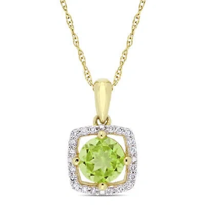 Pre-owned Amour 7/8 Ct Tgw Peridot And 1/10 Ct Tw Diamond Square Halo Pendant With Chain In Yellow