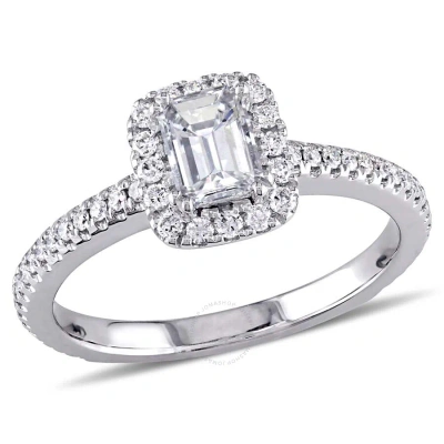 Amour 7/8 Ct Tw Emerald Cut And Round Diamond Engagement Ring In 14k White Gold In Metallic