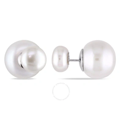 Amour 8 - 8.5 Mm And 12.5 -13 Mm White Cultured Freshwater Pearl Tribal Earrings In Sterling Silver