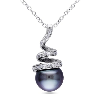 Amour 8 - 8.5 Mm Black Tahitian Cultured Pearl And 1/10 Ct Tw Diamond Spiral Pendant With Chain In S In White