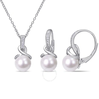 Amour 8 - 8.5 Mm Cultured Freshwater Pearl And 1/10 Ct Tw Diamond Twist Leverback Earrings And Penda In White