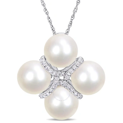 Amour 8 - 8.5 Mm Cultured Freshwater Pearl And 1/7 Ct Tw Diamond Crossover Pendant With Chain In 10k In White