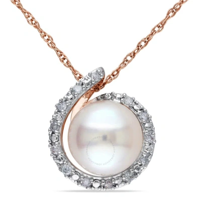 Amour 8 - 8.5 Mm Cultured Freshwater Pearl And Diamond Swirl Halo Necklace In 10k Rose Gold In White