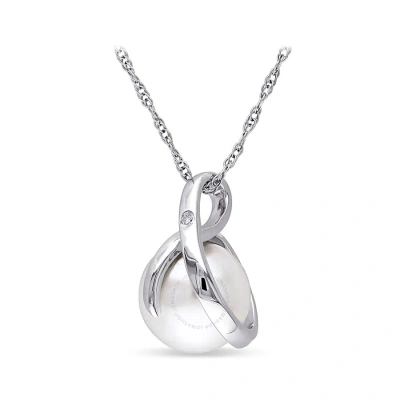 Amour 8 - 8.5 Mm Cultured Freshwater Pearl And Diamond Swirl Pendant With Chain In 10k White Gold