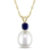 AMOUR AMOUR 8 - 8.5 MM CULTURED FRESHWATER PEARL AND SAPPHIRE PENDANT WITH CHAIN IN 14K YELLOW GOLD