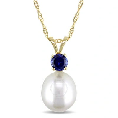 Amour 8 - 8.5 Mm Cultured Freshwater Pearl And Sapphire Pendant With Chain In 14k Yellow Gold In White