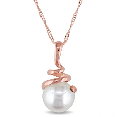 Amour 8 - 8.5 Mm Freshwater Cultured Pearl Swirl Pendant With Chain In 14k Rose Gold In Pink