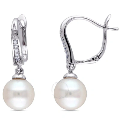 Amour 8 - 8.5 Mm White Cultured Freshwater Pearl And Diamond Drop Leverback Earrings In Sterling Sil