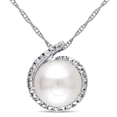 Amour 8 - 8.5 Mm White Cultured Freshwater Pearl And Diamond Halo Pendant With Chain In 10k White Go