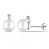 Amour 8 - 8.5 Mm White Cultured Freshwater Pearl And Diamond Stud Earrings In Sterling Silver In White