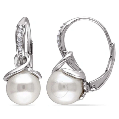 Amour 8 - 8.5 Mm White Cultured Freshwater Pearl And Diamond Twist Leverback Earrings In Sterling Si In Silver / White