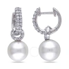AMOUR AMOUR 8 - 8.5 MM WHITE CULTURED FRESHWATER PEARL EARRINGS WITH CUBIC ZIRCONIA IN STERLING SILVER