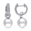 Amour 8 - 8.5 Mm White Cultured Freshwater Pearl Earrings With Cubic Zirconia In Sterling Silver In White