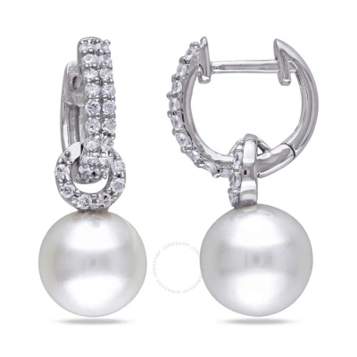 Amour 8 - 8.5 Mm White Cultured Freshwater Pearl Earrings With Cubic Zirconia In Sterling Silver In Metallic
