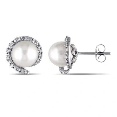 Pre-owned Amour 8 - 8.5 Mm Cultured Freshwater Pearl And 1/10 Ct Tw Diamond Stud Earrings In Check Description