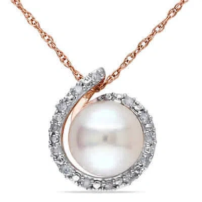 Pre-owned Amour 8 - 8.5 Mm Cultured Freshwater Pearl And Diamond Swirl Halo Necklace In In White