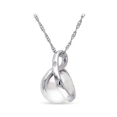 Pre-owned Amour 8 - 8.5 Mm Cultured Freshwater Pearl And Diamond Swirl Pendant With Chain In White