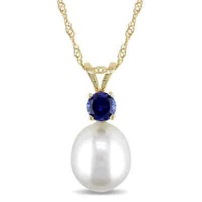 Pre-owned Amour 8 - 8.5 Mm Cultured Freshwater Pearl And Sapphire Pendant With Chain In In White
