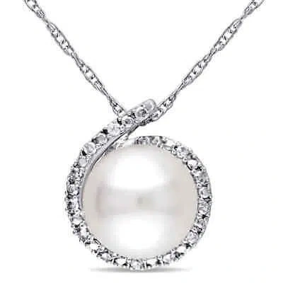 Pre-owned Amour 8 - 8.5 Mm White Cultured Freshwater Pearl And Diamond Halo Pendant With