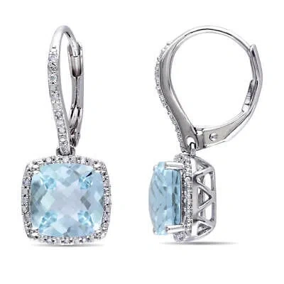 Pre-owned Amour 8 1/2 Ct Tgw Blue Topaz And 1/5 Ct Tw Diamond Leverback Halo Earrings In In White
