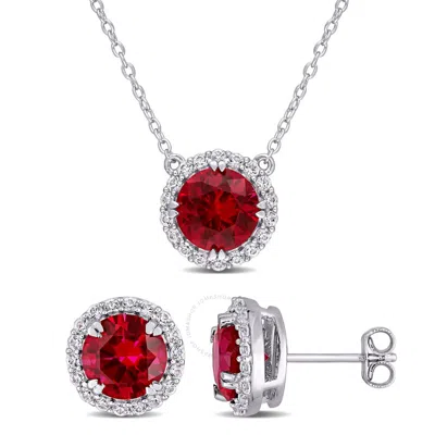 Amour 8 1/3 Ct Tgw Created Ruby And Created White Sapphire Halo Earring & Pendant Set In Sterling Si
