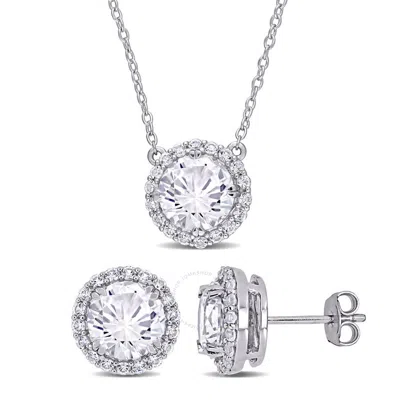 Amour 8 1/3 Ct Tgw Created White Sapphire Halo Earring & Pendant Set In Sterling Silver