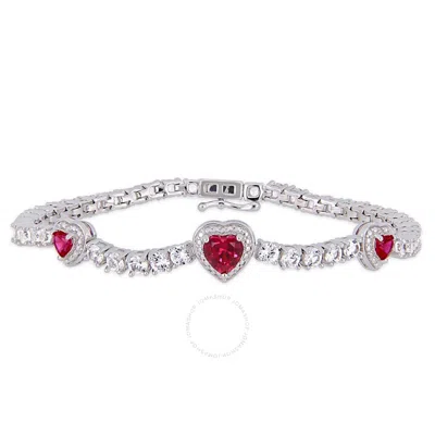 Amour 8-2/5 Ct Tgw Created Ruby And Created White Sapphire Stationed Triple Halo Heart Tennis Bracel In White/red/silver Tone