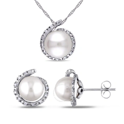Amour 8-8.5 Mm Cultured Freshwater Pearl And 1/7 Ct Tw Diamond Halo Stud Earrings And Pendant With C In White