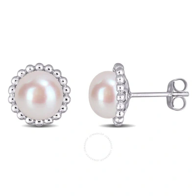 Amour 8-8.5 Mm Cultured Freshwater White Pearl Halo Stud Earrings In 10k White Gold In Metallic