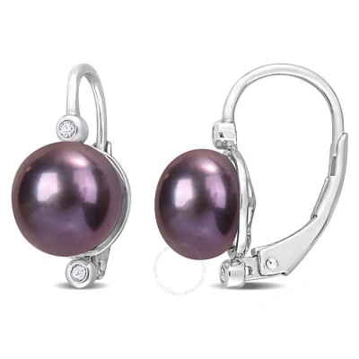 Amour 8-8.5mm Black Freshwater Cultured Pearl And Diamond Accent Leverback Earrings In Sterling Silv In White