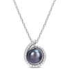 Amour 8-8.5mm Black Freshwater Cultured Pearl And Diamond Accent Swirl Pendant With Chain In Sterlin In White