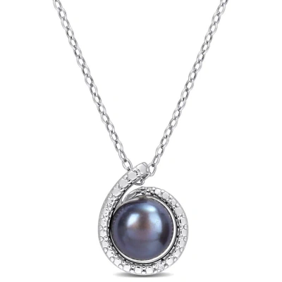Amour 8-8.5mm Black Freshwater Cultured Pearl And Diamond Accent Swirl Pendant With Chain In Sterlin In White