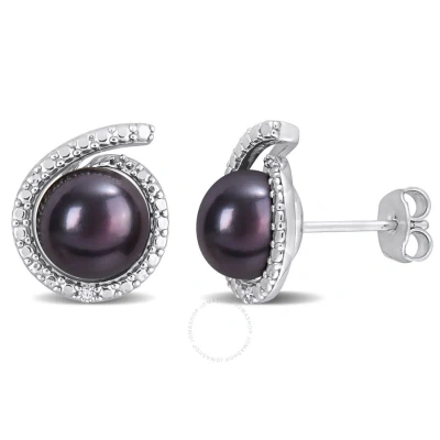 Amour 8-8.5mm Black Freshwater Cultured Pearl And Diamond Accent Swirl Stud Earrings In Sterling Sil In White