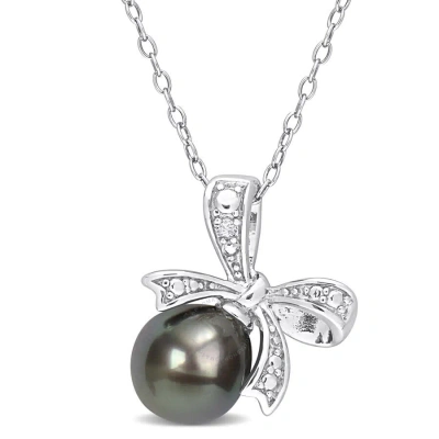 Amour 8-8.5mm Black Tahitian Cultured Pearl And Diamond Accent Bow Pendant With Chain In Sterling Si In White