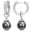 AMOUR AMOUR 8-8.5MM BLACK TAHITIAN CULTURED PEARL AND DIAMOND ACCENT DROP HUGGIE EARRINGS IN STERLING SILV
