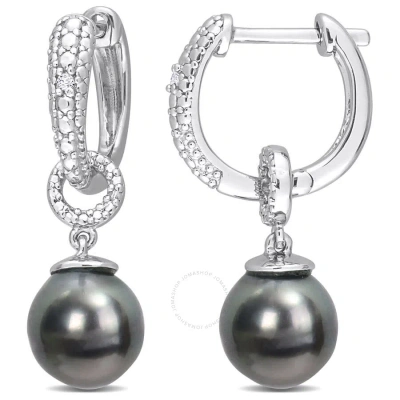 Amour 8-8.5mm Black Tahitian Cultured Pearl And Diamond Accent Drop Huggie Earrings In Sterling Silv In White