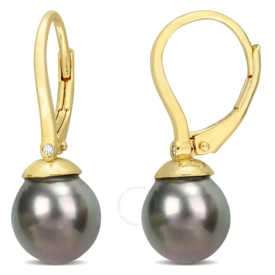 Amour 8-8.5mm Black Tahitian Cultured Pearl & Diamond Accent Leverback Earrings In Yellow Plated Ste In Gold