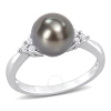 AMOUR AMOUR 8-8.5MM BLACK TAHITIAN PEARL AND 1/8 CT TDW DIAMOND RING IN STERLING SILVER