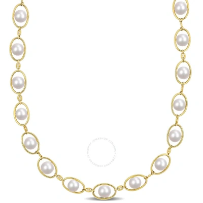 Amour 8-8.5mm Cultured Freshwater Pearl And 1/3 Ct Tgw Cubic Zirconia Halo Necklace In Yellow Plated In Gold