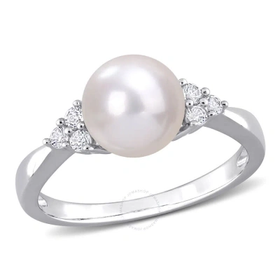 Amour 8-8.5mm Cultured Freshwater Pearl And 1/4 Ct Tgw White Topaz Ring In Sterling Silver